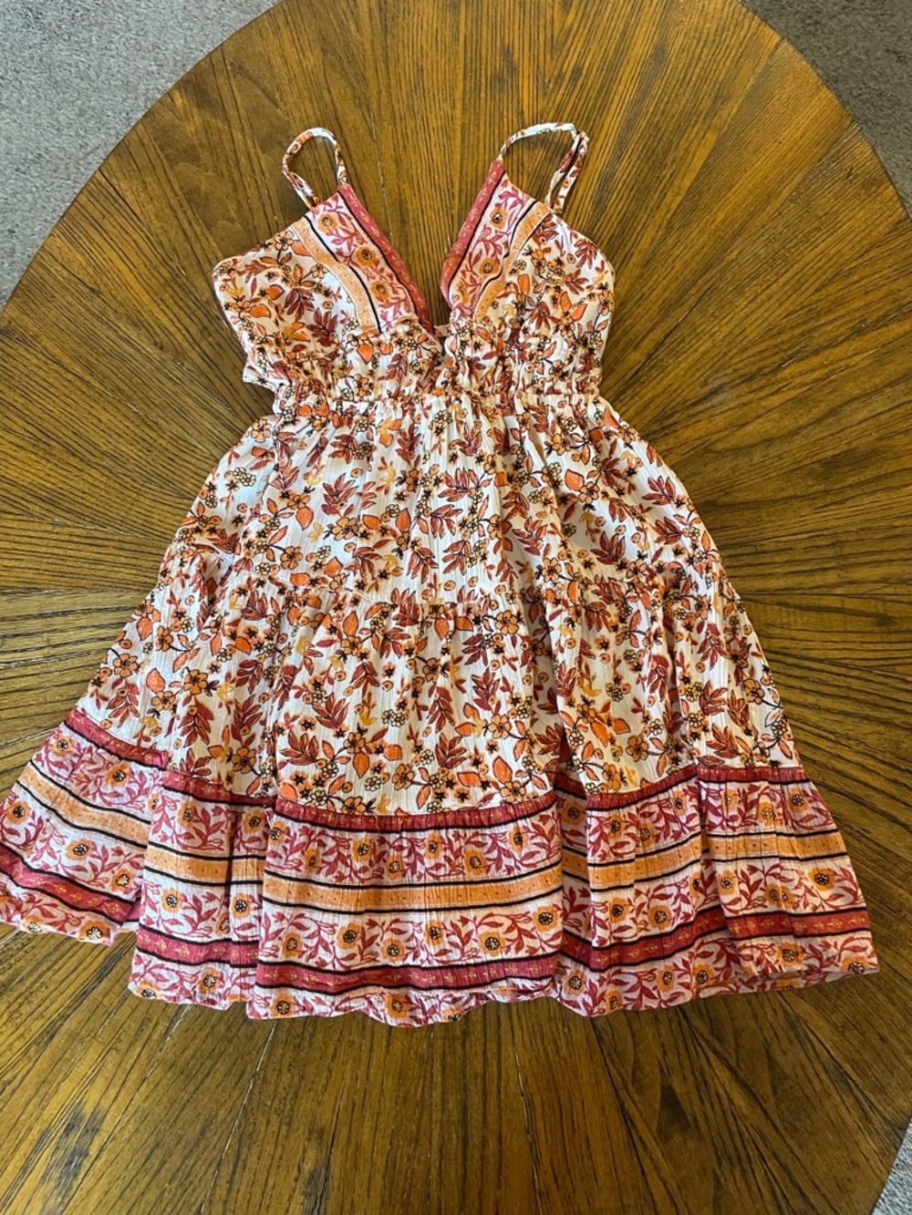 Angie Floral Tiered Spaghetti-Strap Mini Dress in White, Rust and Orange